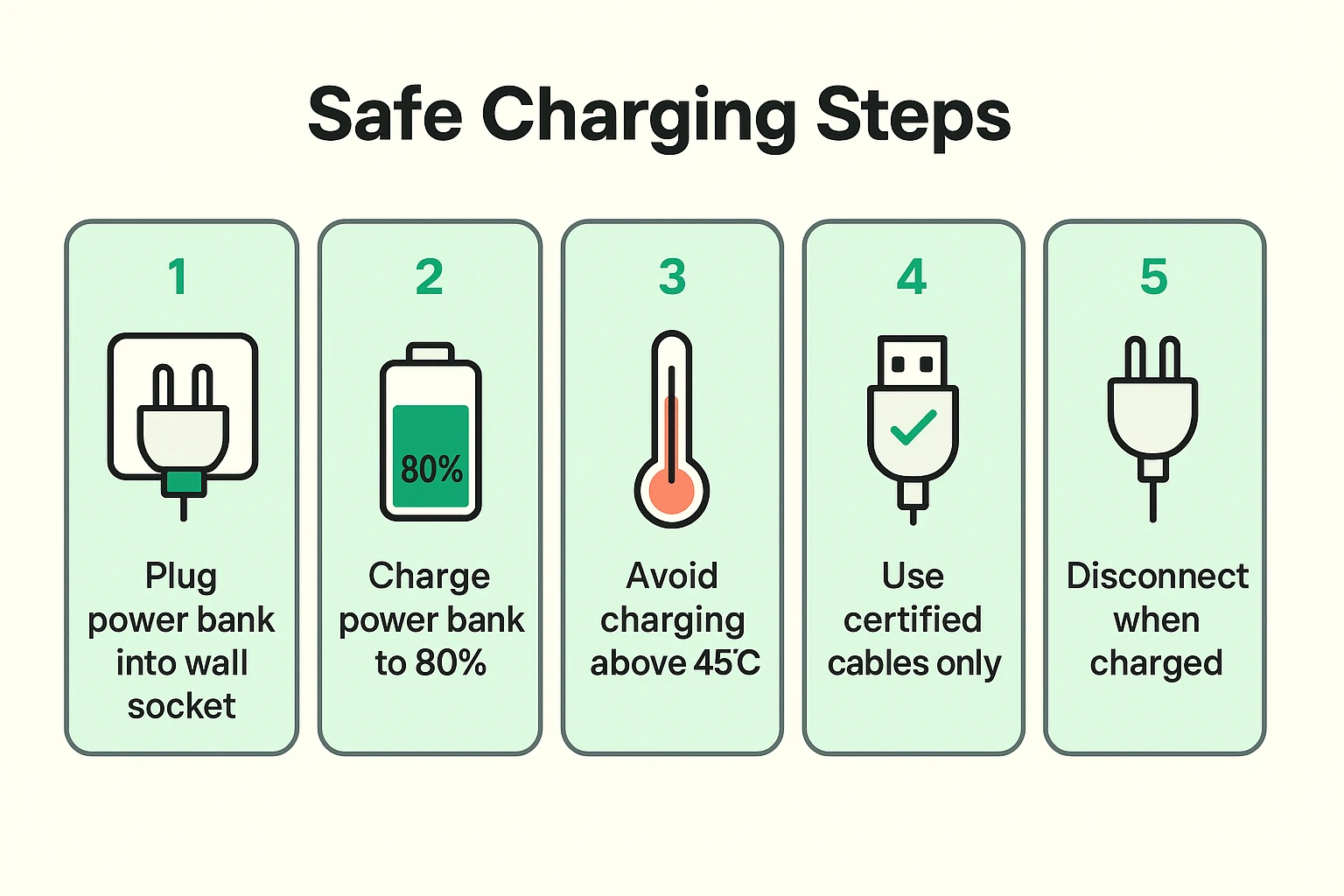 A five-step visual guide showing safe charging practices for seniors. It illustrates concepts like not charging to 100%, avoiding extreme temperatures, using certified cables, not using the device while it's charging, and checking the power bank for damage.