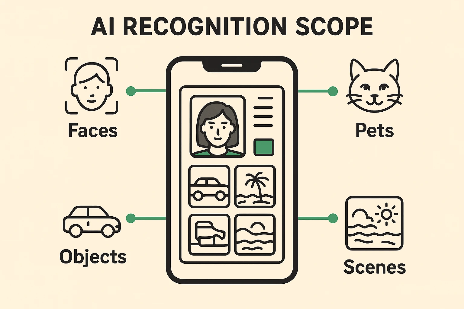 This framework map illustrates AI's versatility in recognizing not just faces but also pets, objects, and scenes, expanding understanding beyond facial recognition.