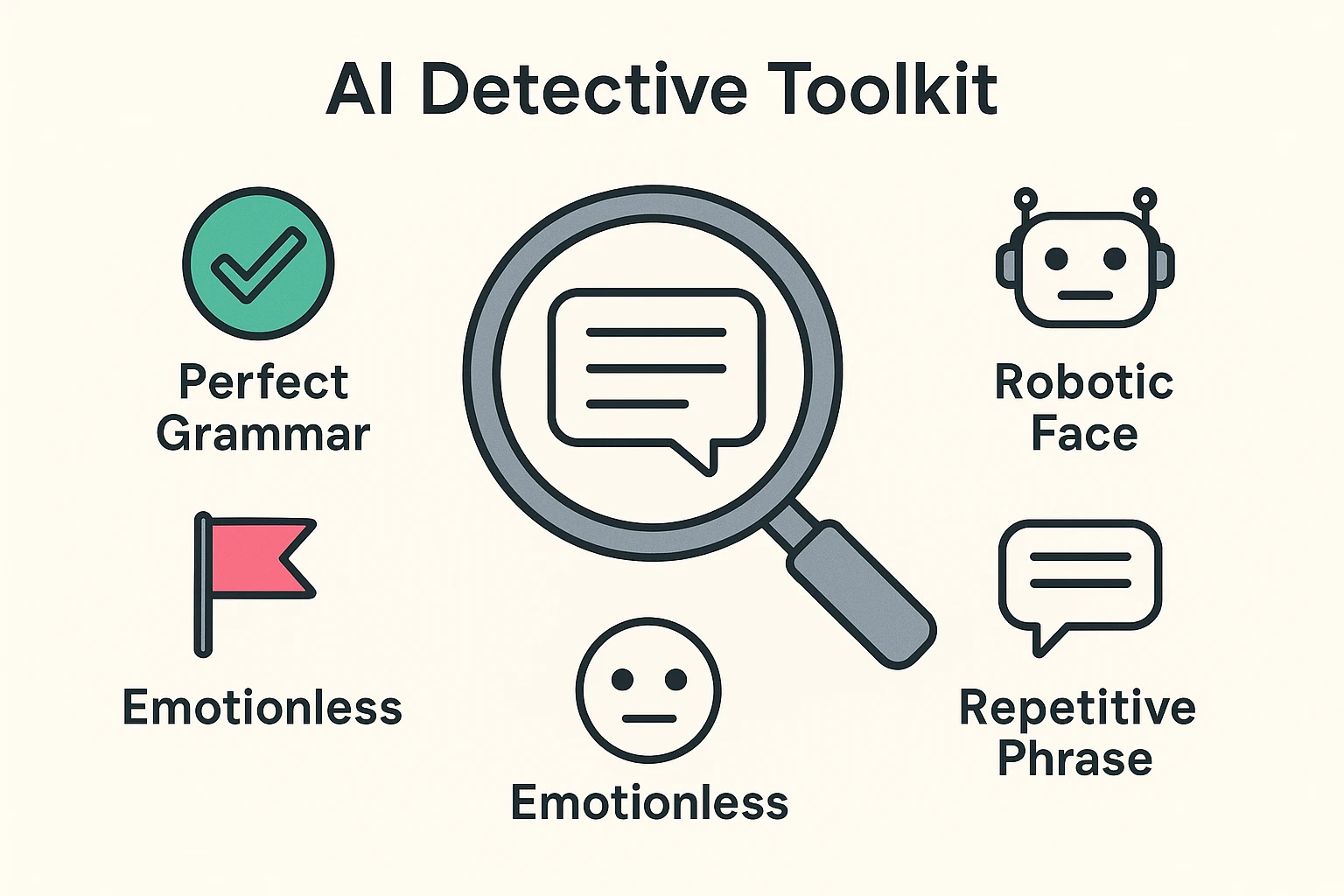This image equips seniors with key visual red flags to detect AI-generated texts, promoting practical awareness to spot scams.