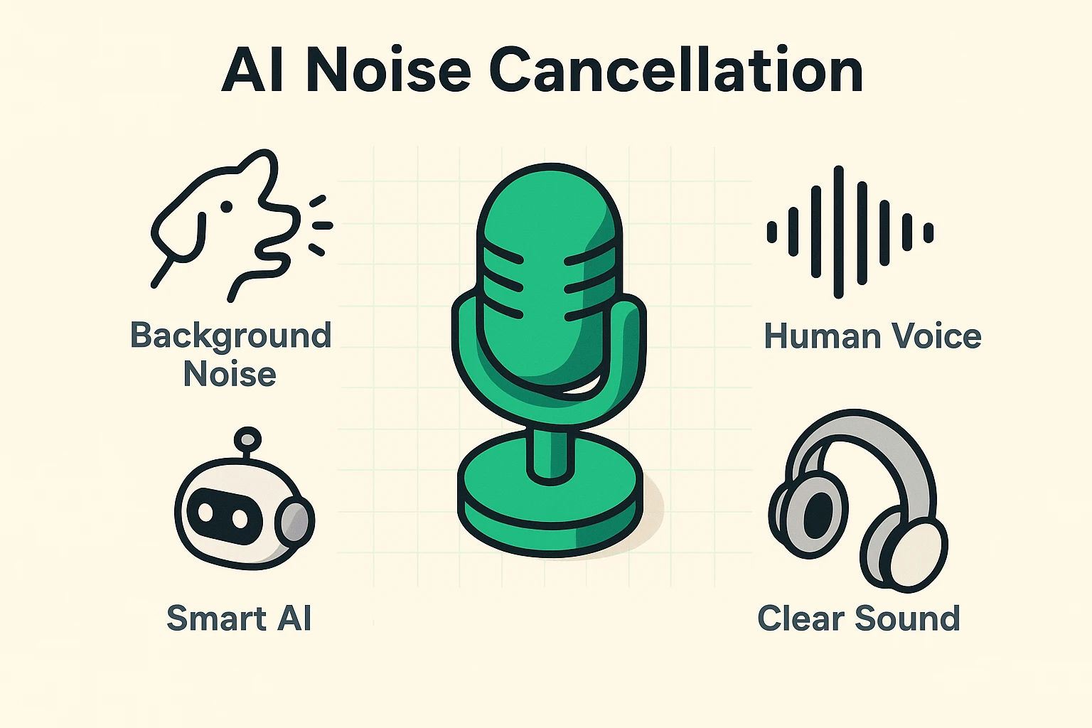 This illustration explains AI noise cancellation as a smart technology isolating human voice from disruptive sounds like barking dogs.
