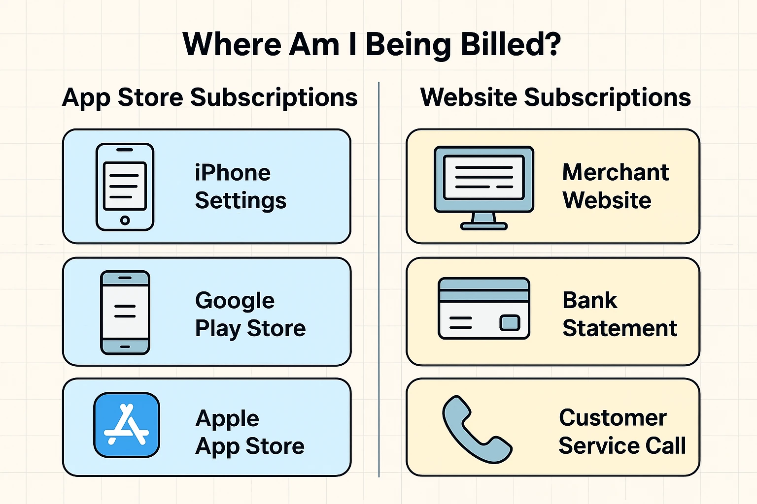 Clear visual comparison distinguishing App Store billing from website subscriptions to resolve common senior misunderstandings regarding where and how subscriptions are charged.