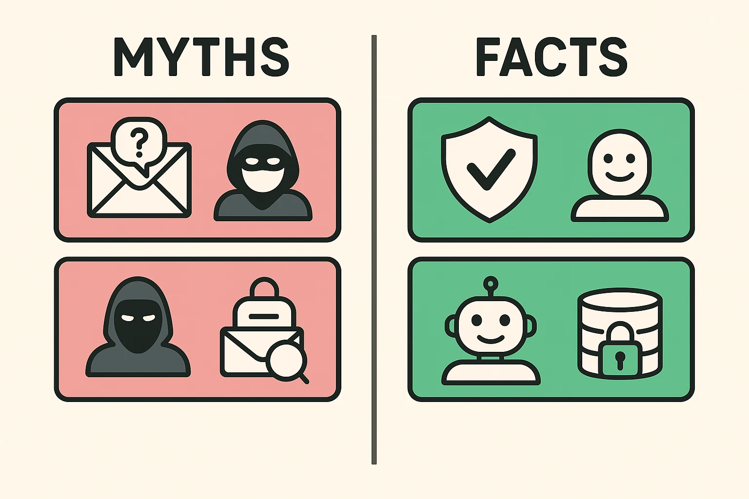This image compares common myths and facts about AI email summarization, helping seniors understand privacy and security clearly.