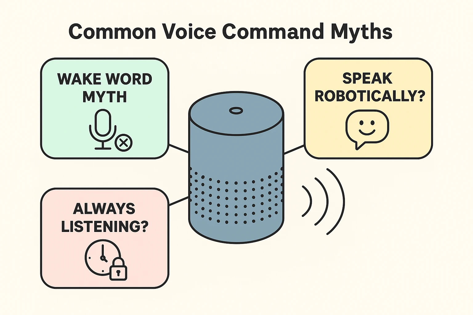This visual debunks common myths about smart speakers, clarifying misconceptions such as wake word functionality, speaking style, and privacy concerns.