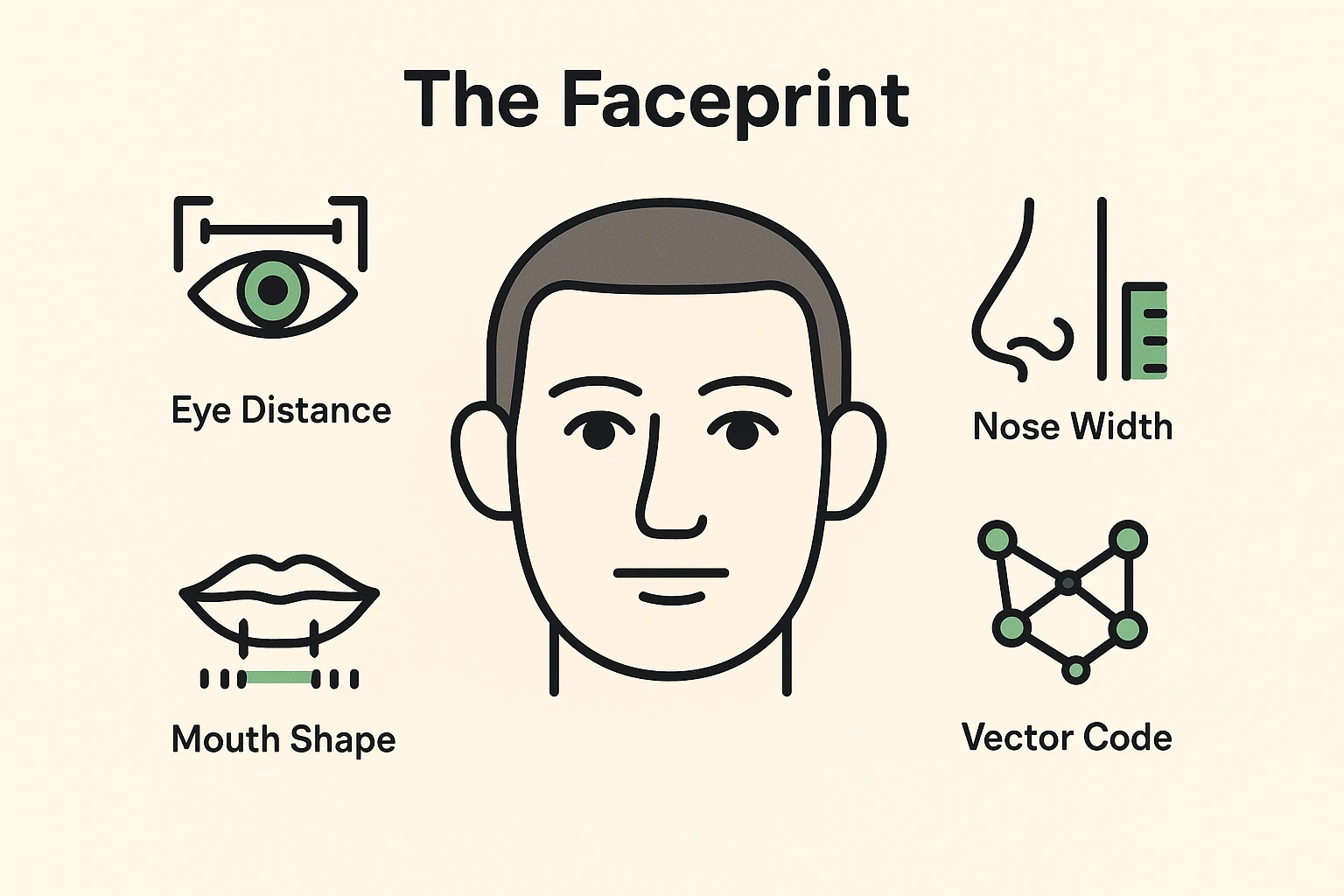 This visual explains the 'faceprint' concept, illustrating how AI measures facial features to generate a unique biometric identifier.