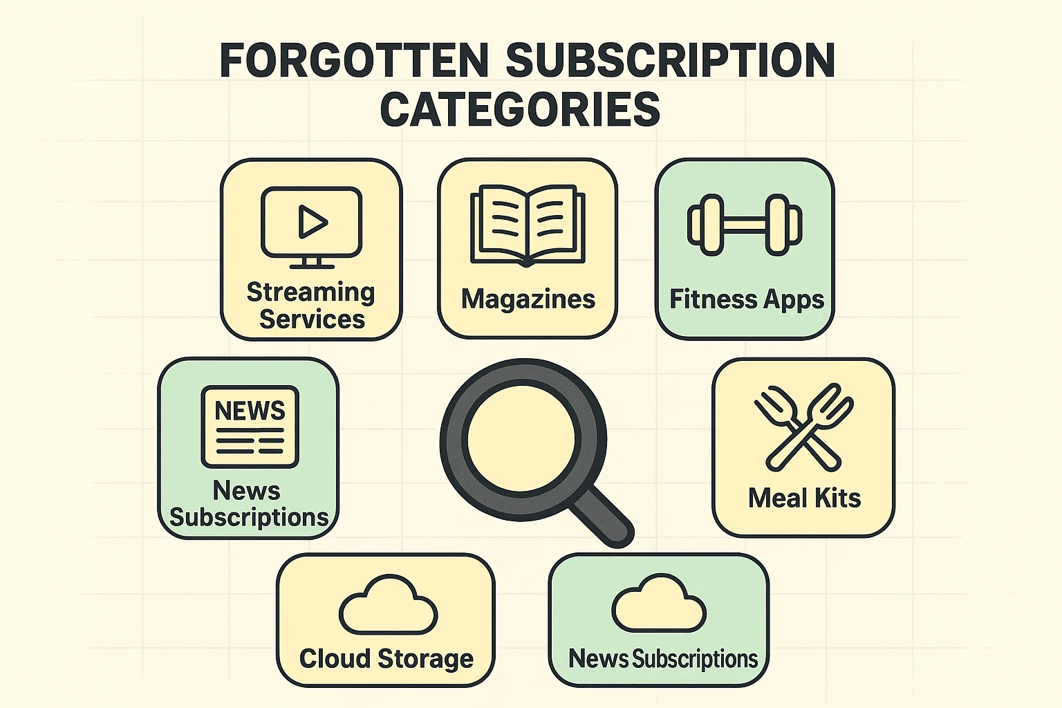 Visual overview of seven typical subscription categories seniors often forget, empowering readers to identify potential recurring charges in their budgets.