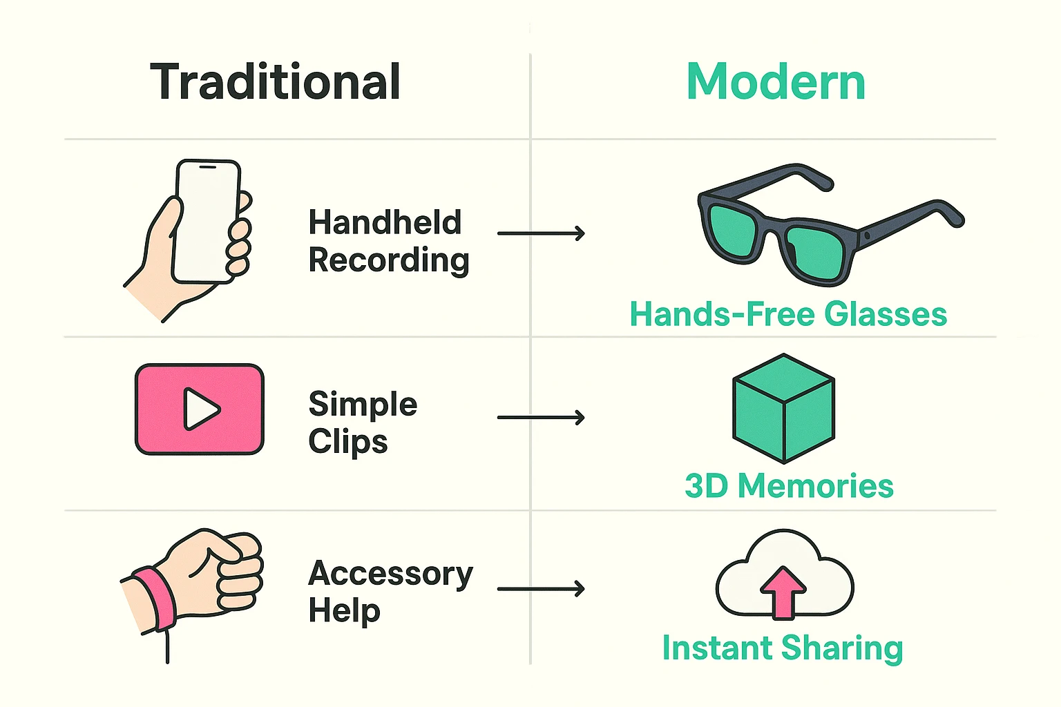 This comparison grid shows seniors the evolution from handheld video capture to innovative hands-free and 3D recording technologies for family memories.