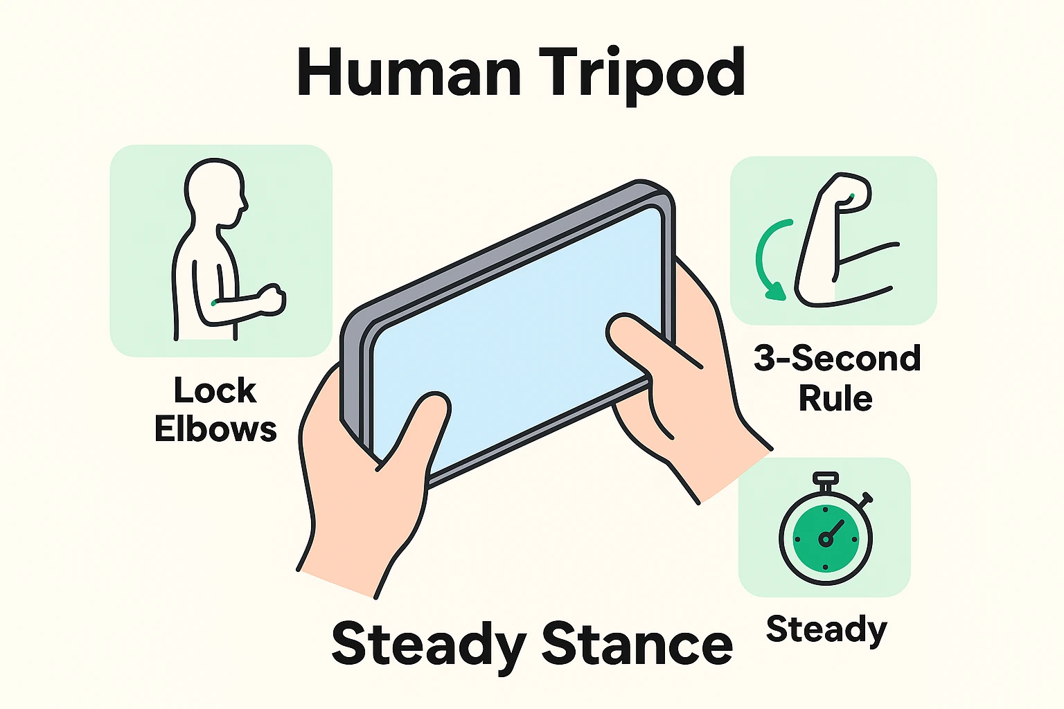 This visual guides seniors on stabilizing their smartphone with the 'Human Tripod' stance, emphasizing locked elbows and the '3-Second Rule' for steady videos.