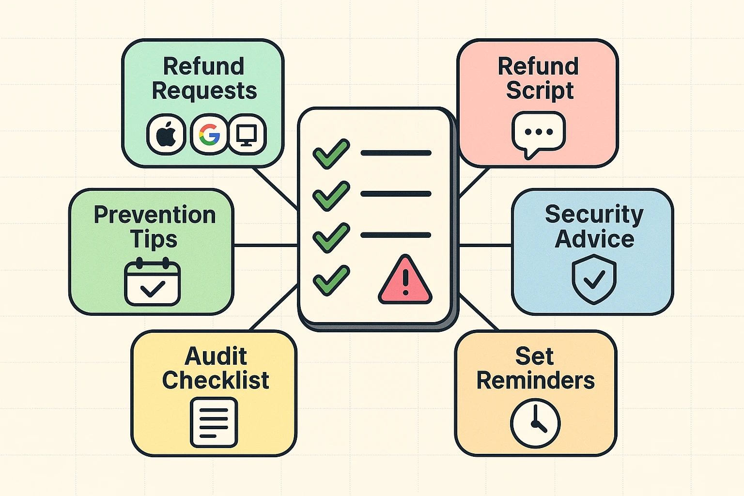 Comprehensive visual summary for seniors combining refund processes and prevention best practices into an actionable checklist framework.