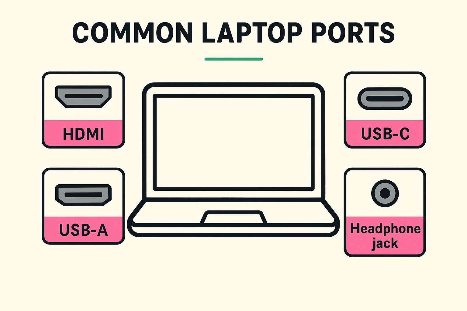 This visual helps seniors identify familiar laptop ports by shape and label, simplifying connectivity basics in a friendly, approachable design.