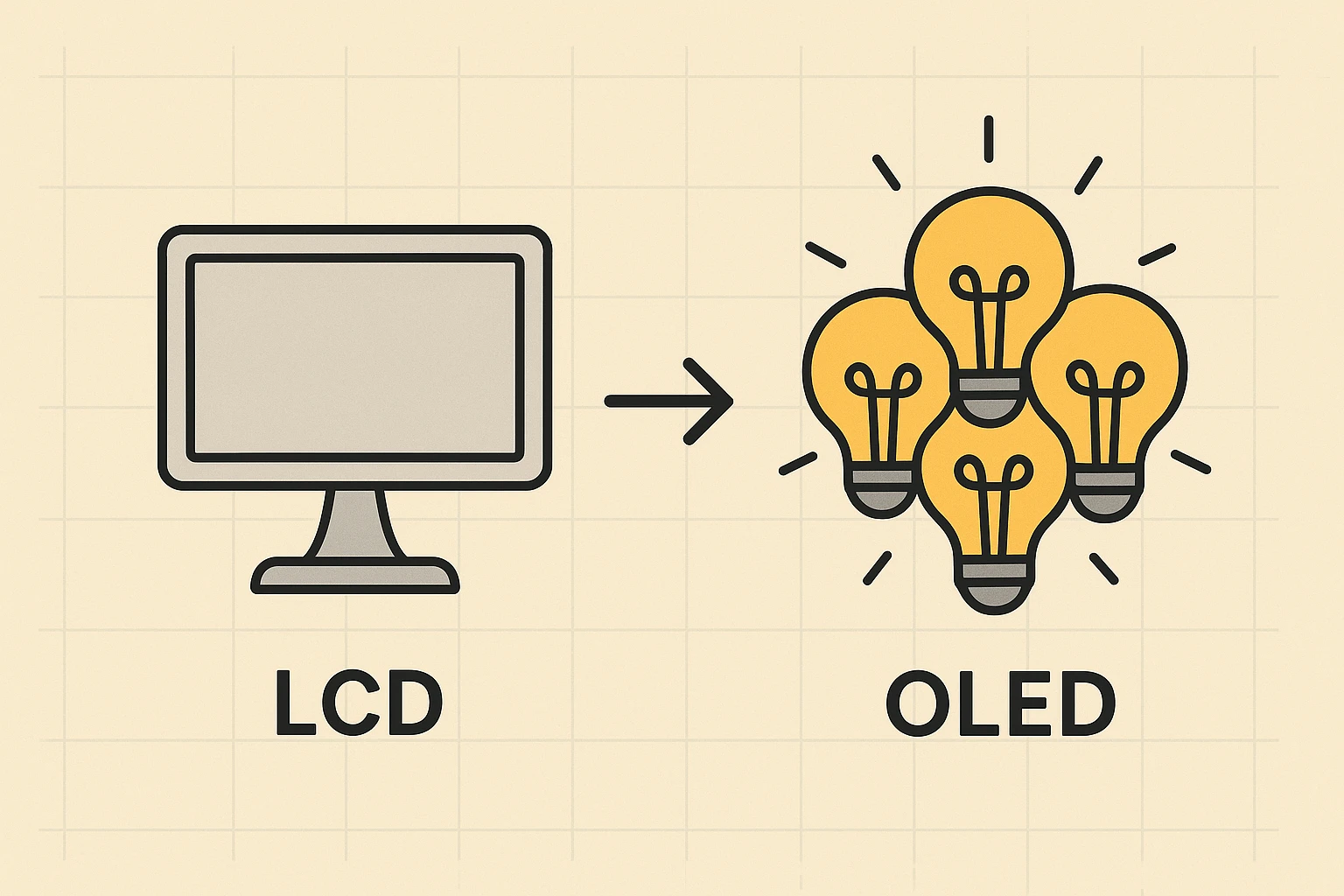LCD backlight vs OLED self-lit pixels explained with simple icons