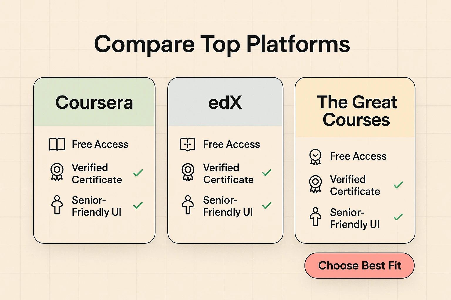 Side-by-side platform comparison highlighting free access, certification options, and senior-friendly UI to speed platform selection for older learners.