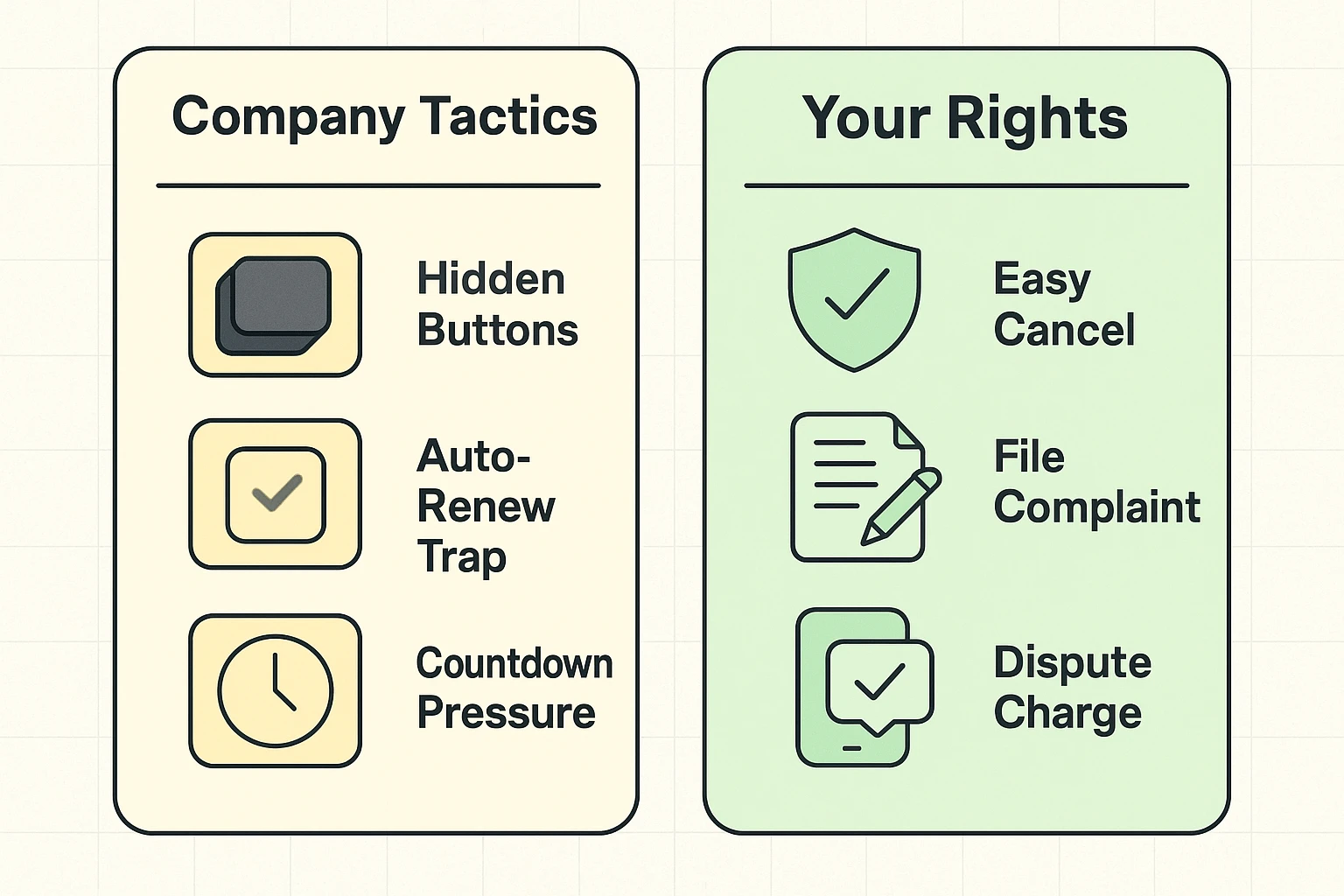 This comparison clarifies the deceptive tactics used by companies and highlights your legal rights and options when canceling subscriptions.