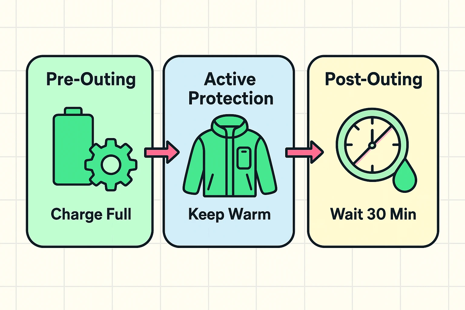 This diagram guides seniors through a practical three-phase protocol to protect their phone battery from cold weather damage.