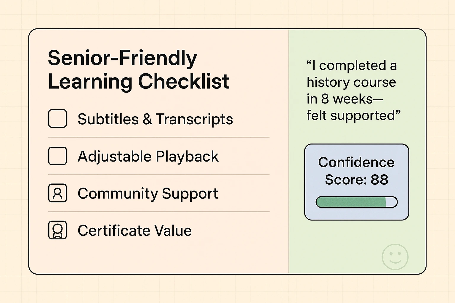 Senior-focused checklist paired with a testimonial and a confidence score to reassure older learners about usability and outcomes.
