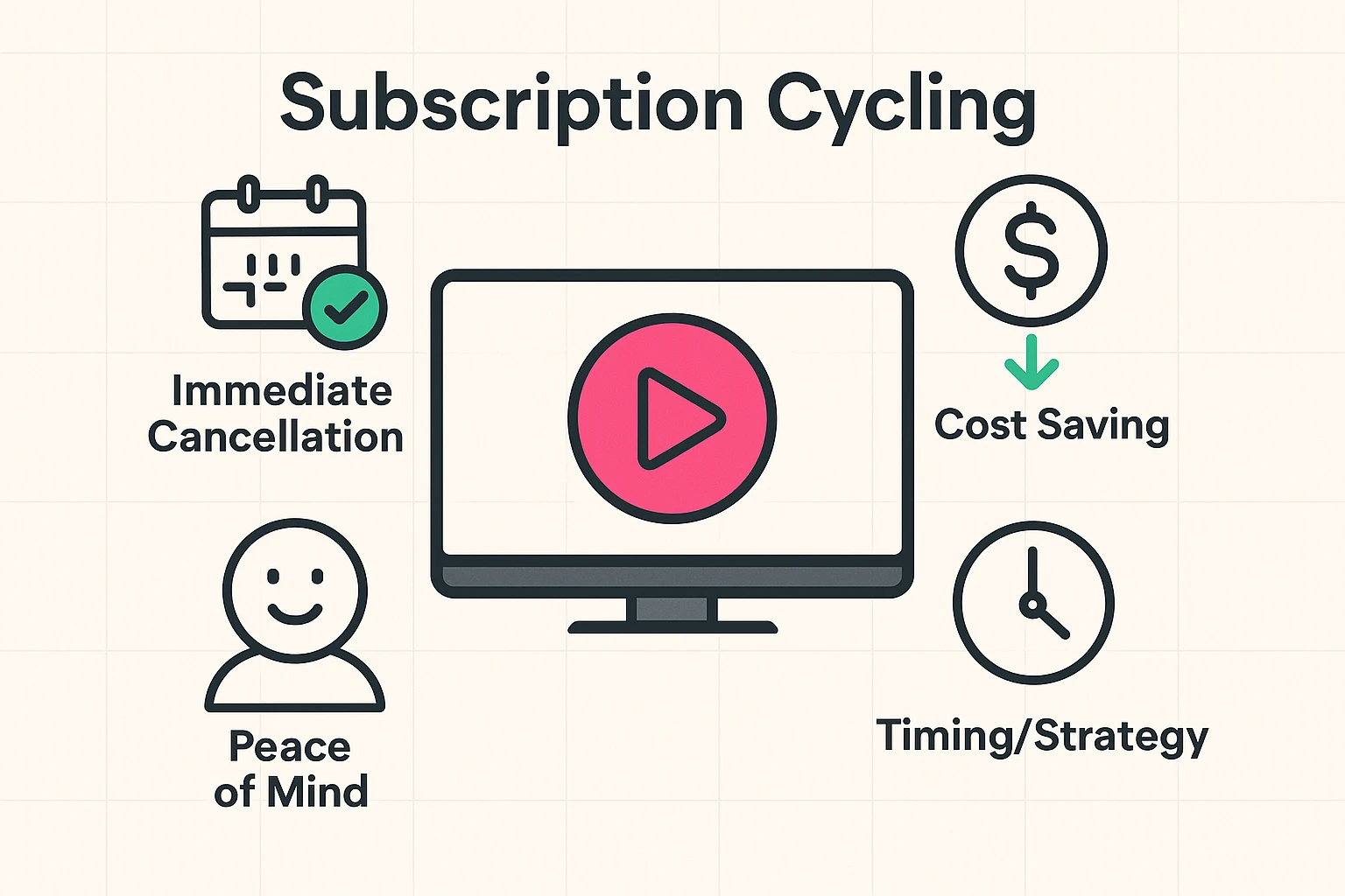 Illustrates the core idea of subscription cycling by connecting the streaming experience with immediate cancellation and cost-saving benefits, providing a clear visual foundation.