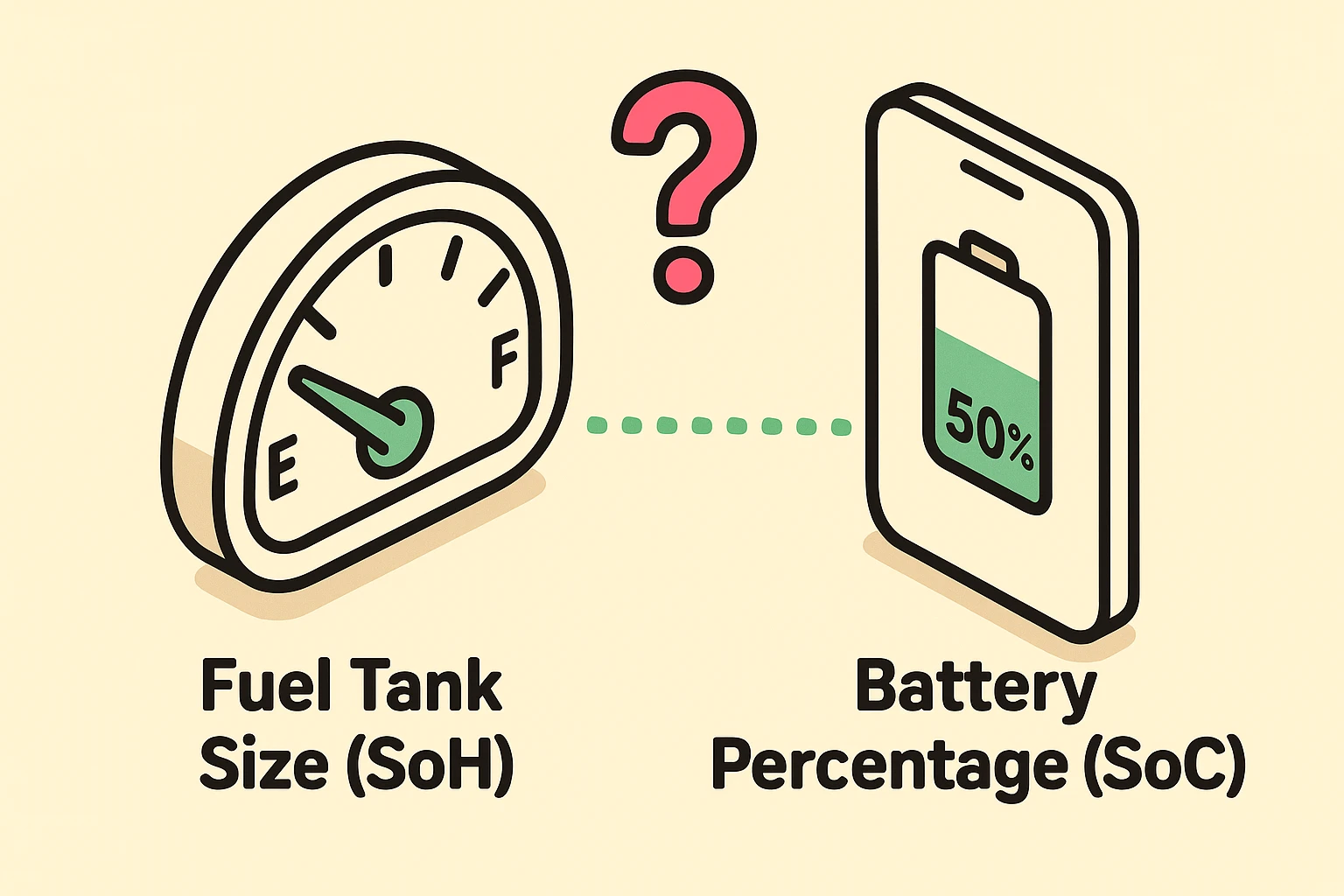 This visual explains the 'Confused Fuel Gauge' analogy for battery percentage.