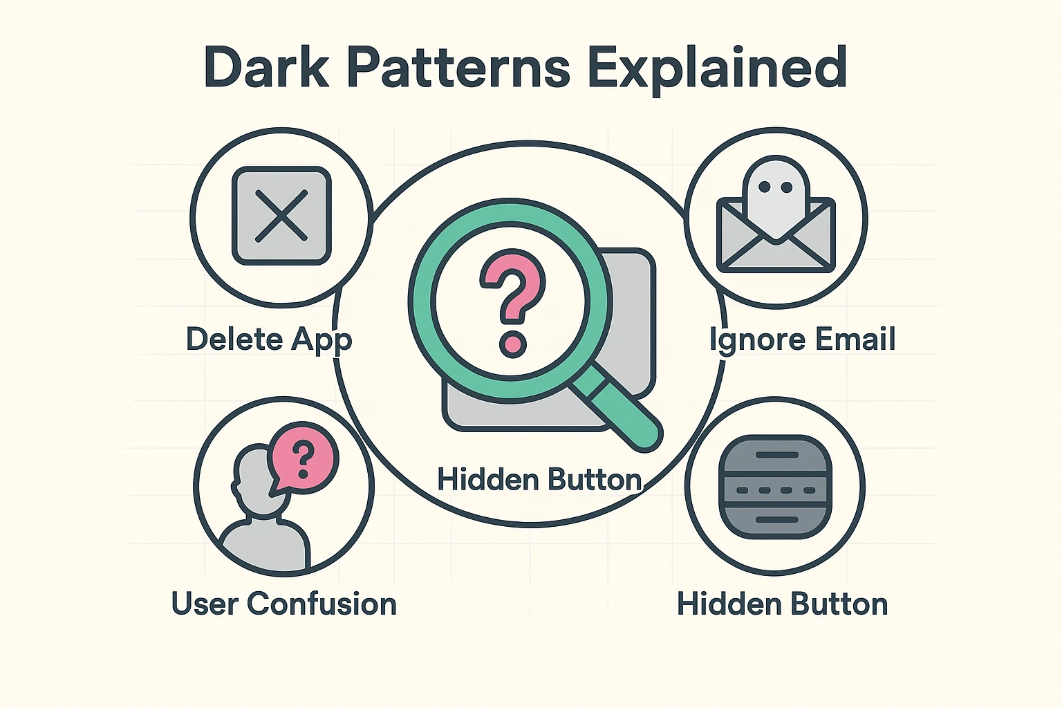 This visual explains how subscription cancellations are obstructed by 'dark patterns' and common user errors like deleting apps instead of cancelling.