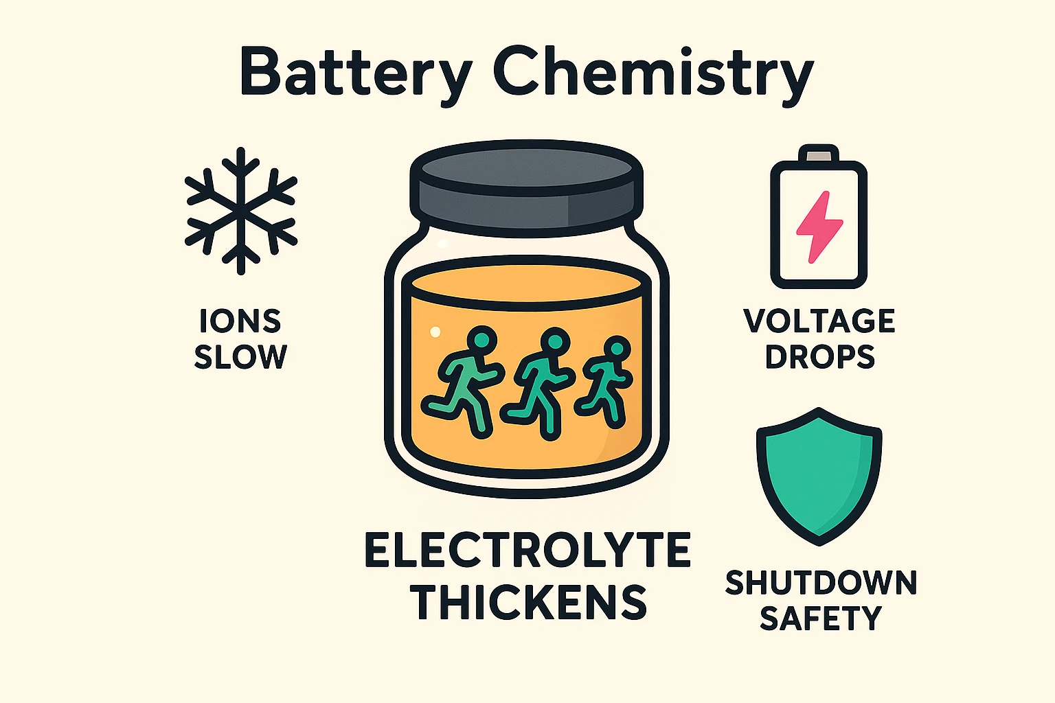 This visual explains how battery electrolyte thickens in cold, slowing ion flow and causing voltage drop that triggers phone shutdown for protection.