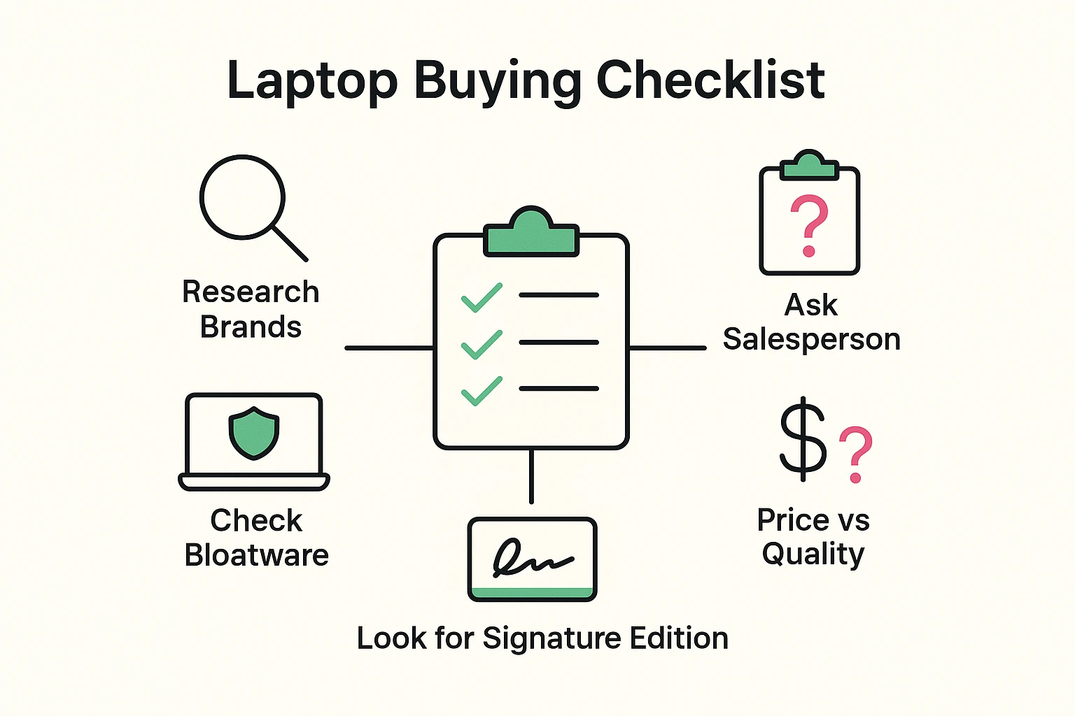 This checklist visual guides seniors through simple steps and questions to ask when shopping for a clean laptop, empowering informed decisions.