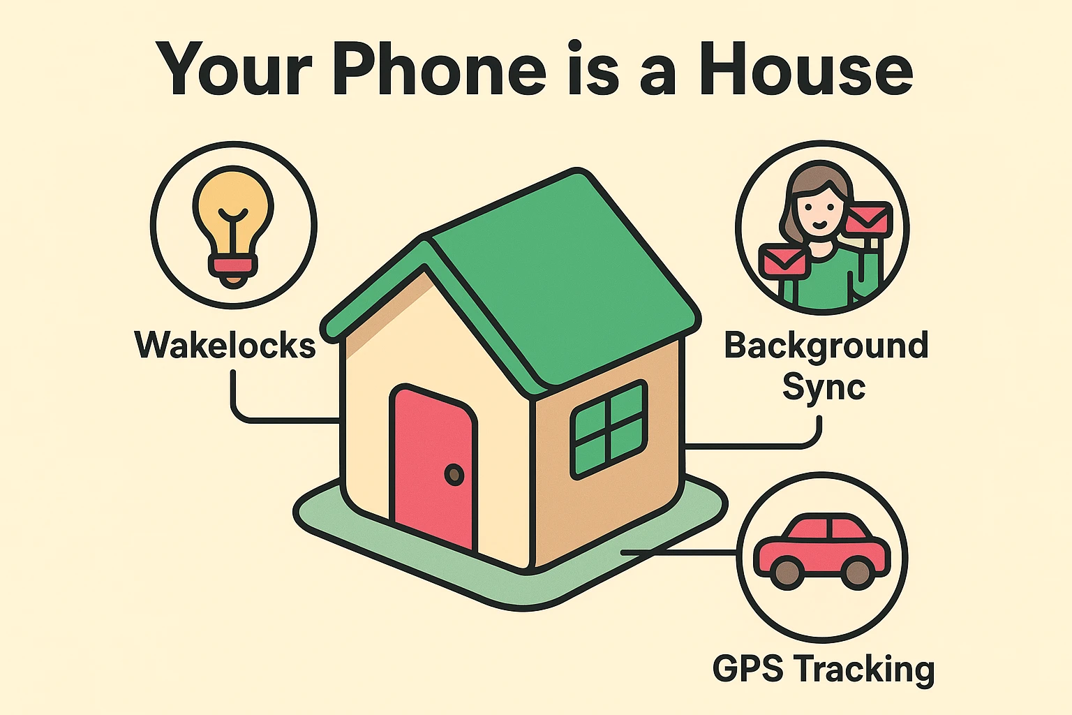 This visual uses relatable household metaphors to help seniors understand sneaky background app behaviors draining battery life.