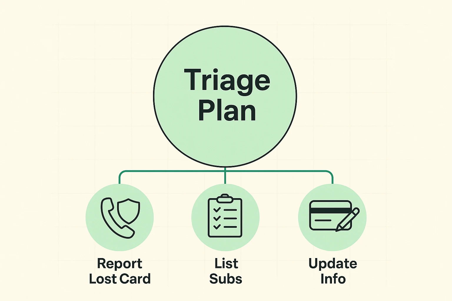 This visual breaks down the initial triage steps seniors should take after losing or replacing their credit card, offering reassurance through a simple, actionable plan.