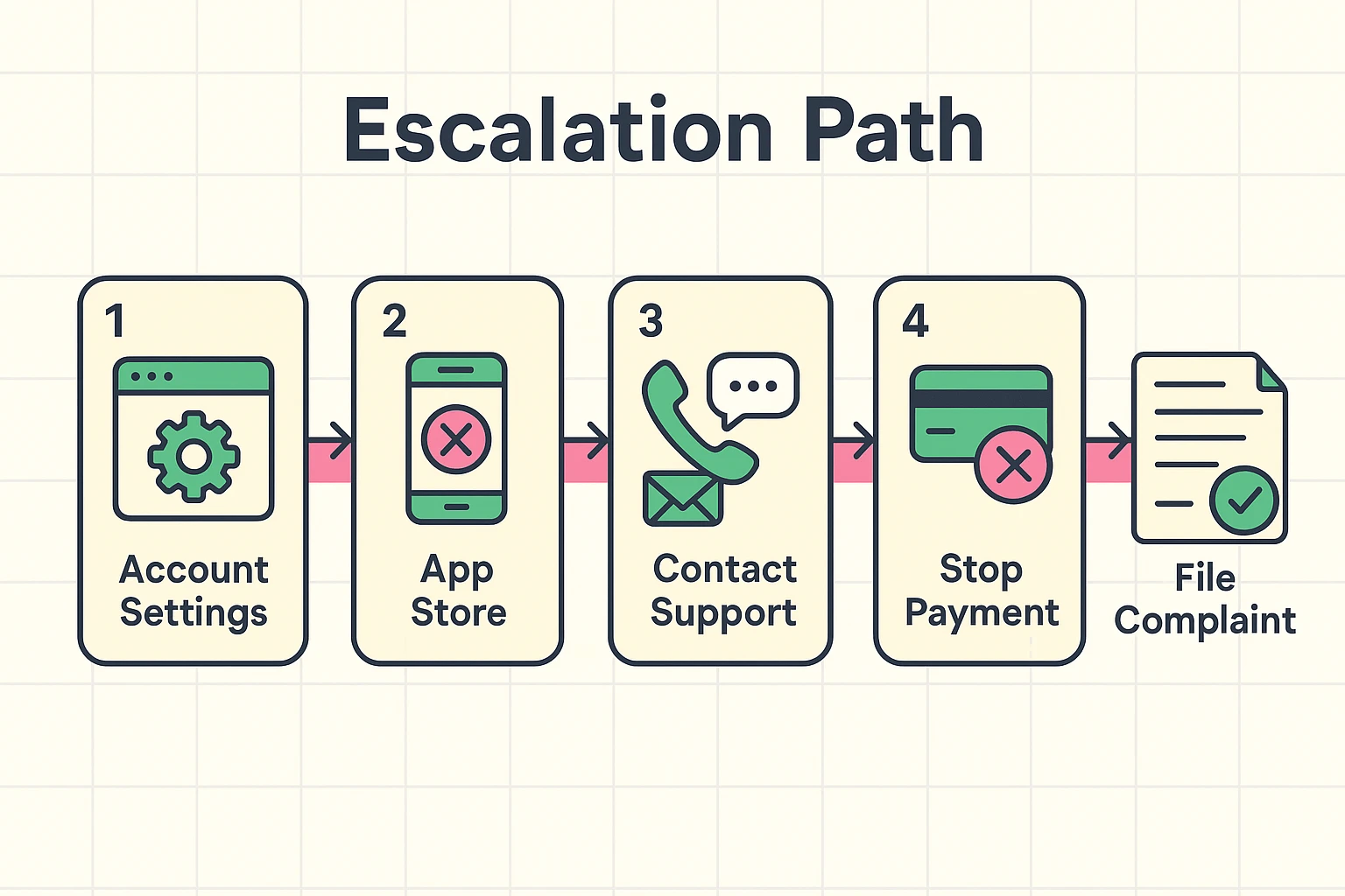 This stepwise process guides users through subscription cancellation, escalating from account settings to filing complaints with authorities.