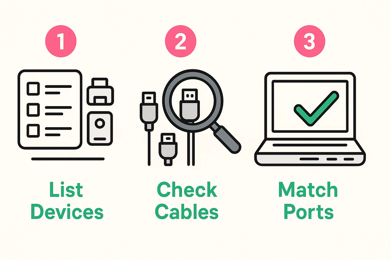 This image guides seniors through a simple three-step checklist to ensure their devices connect perfectly to new laptops, empowering confident purchases.