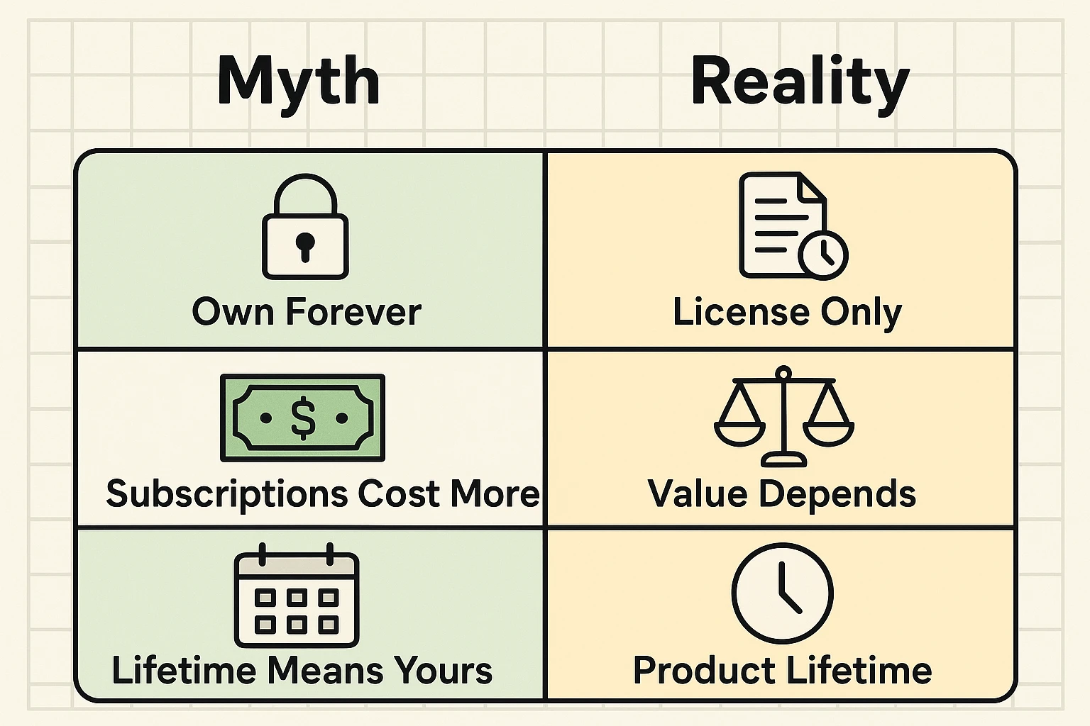 Addresses widespread misconceptions about owning versus subscribing to software, helping seniors make informed decisions.