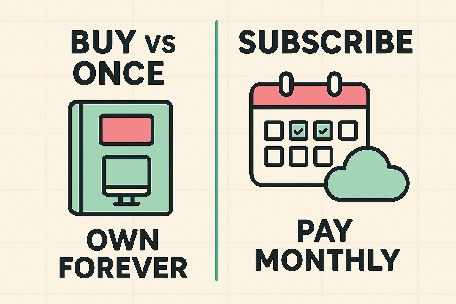 Illustrates the basic difference between purchasing software once and paying monthly subscriptions, using simple, relatable icons and clear labels for senior readers.