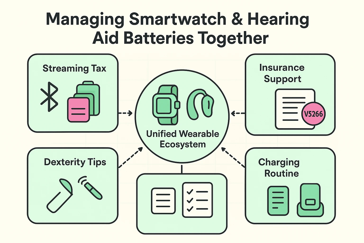 This framework illustrates the interconnected battery drain from device streaming and guides seniors on using insurance code V5266 to support hearing aid batteries.