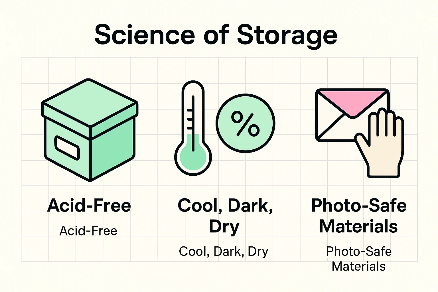 This image clarifies essential archival science for seniors, detailing proper materials and ideal conditions to safely preserve physical photos and documents.