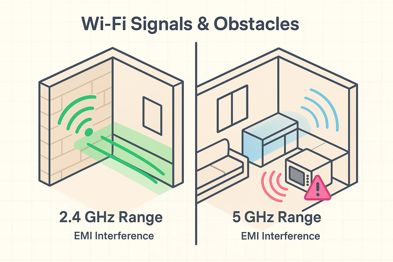 Demonstrates how 2.4 GHz Wi-Fi better penetrates walls than 5 GHz and how household EMI affects streaming quality.