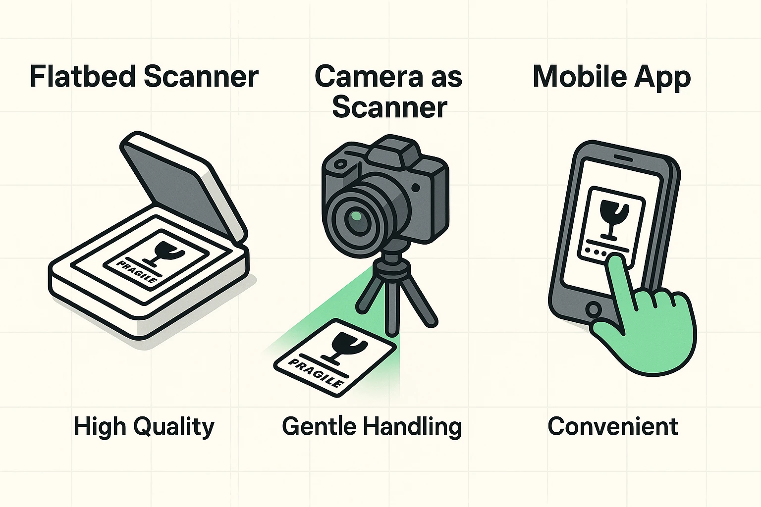 This infographic contrasts three main document scanning methods, highlighting their benefits and suitability for preserving delicate family archives.