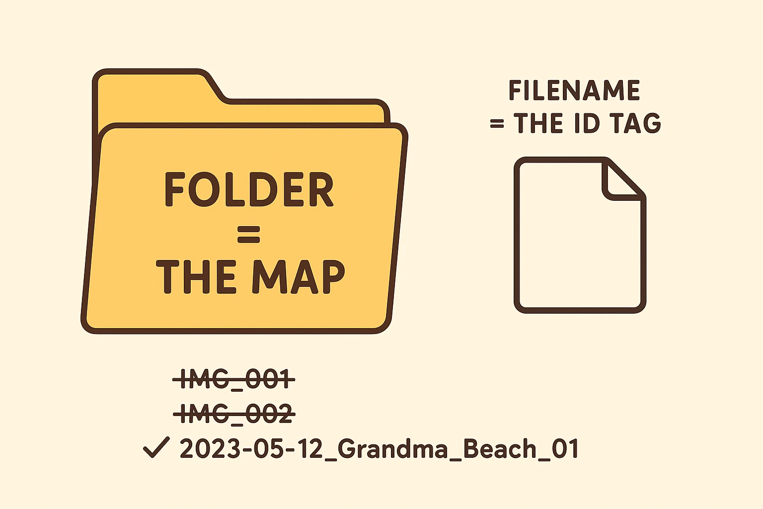 This visual explains the 'No-Tears' file naming metaphor, highlighting why consistent filenames are easier to use than relying only on folders, especially for seniors.