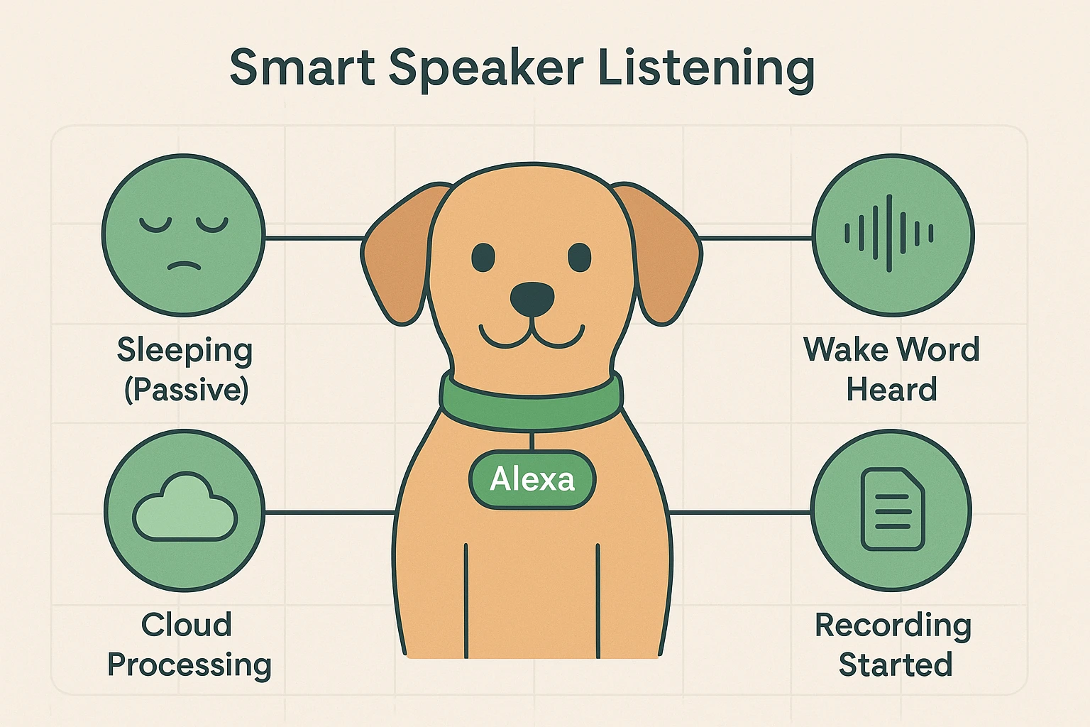 This image explains how a smart speaker listens like a dog responds to its name, illustrating passive vs active listening for seniors.