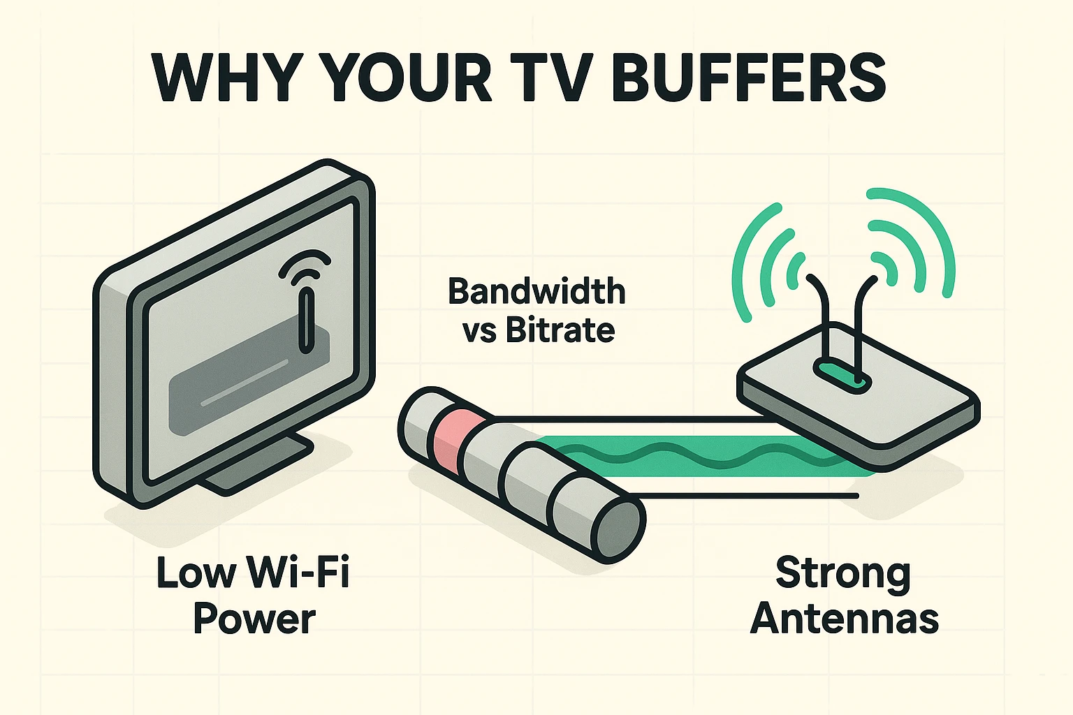 Illustrates why Smart TVs buffer more than phones due to weaker internal antennas and bandwidth issues using a plumbing analogy.