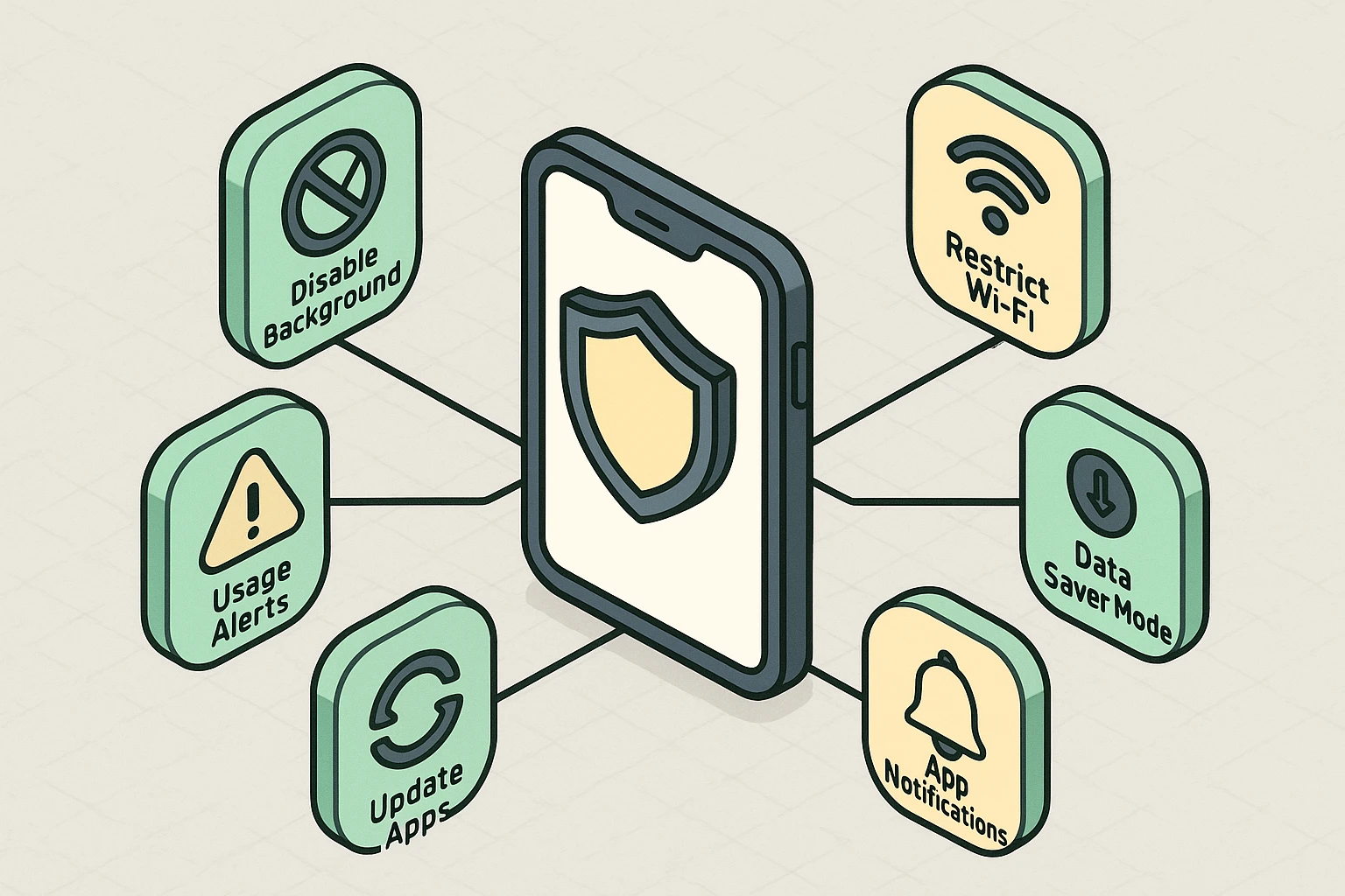Visualizes a framework of methods to control and reduce mobile app data consumption.