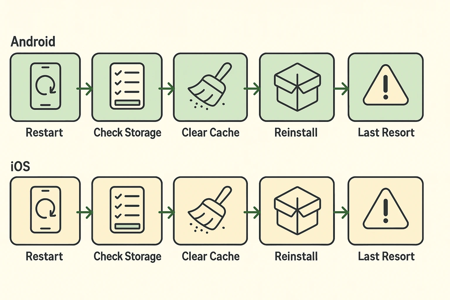 This flowchart guides users through a clear, stepwise troubleshooting process for crashing apps with parallel instructions for Android and iOS.