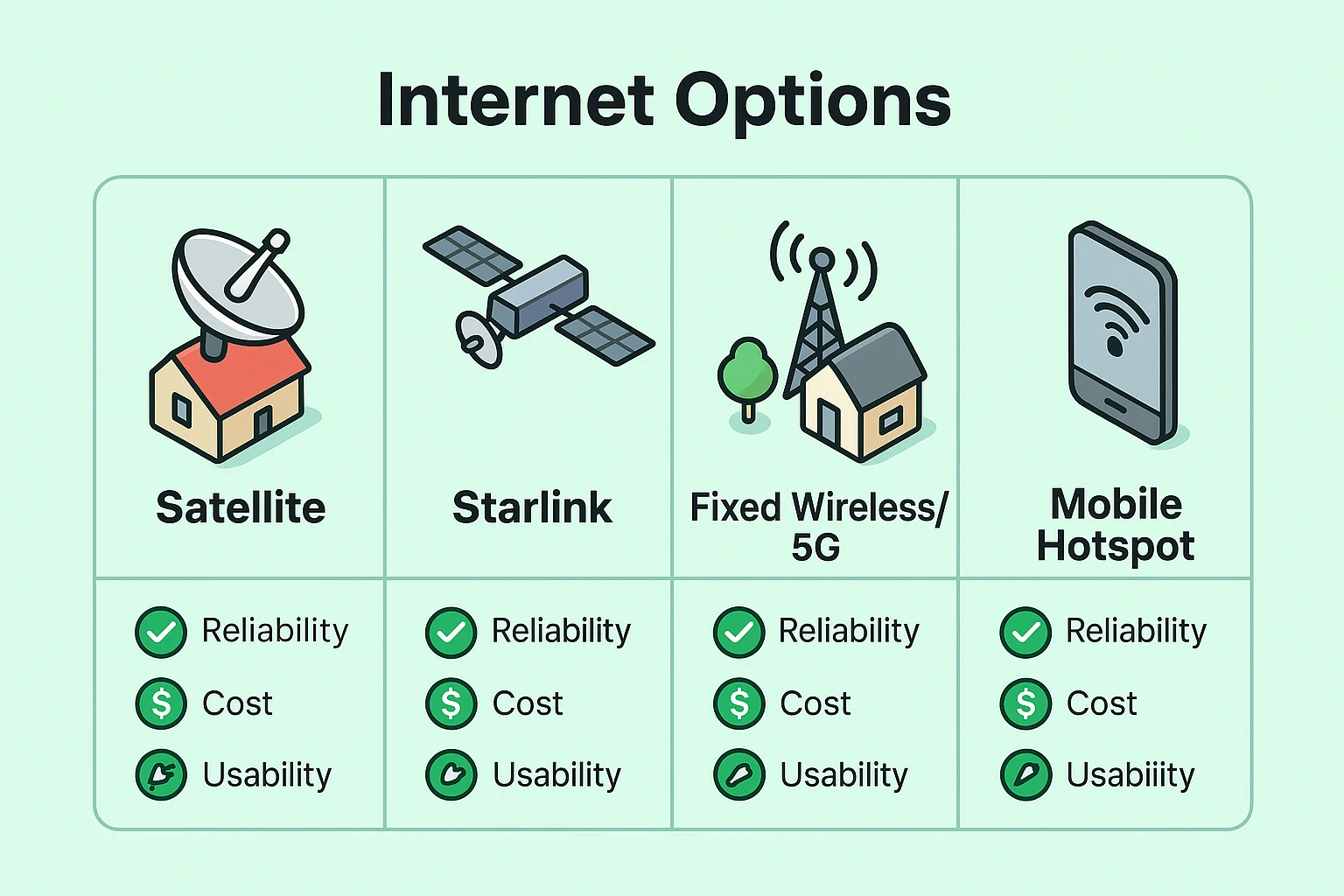 This visual explains key internet options for rural seniors, comparing traditional Satellite, Starlink, Fixed Wireless/5G, and Mobile Hotspots on reliability, cost, and ease of use.