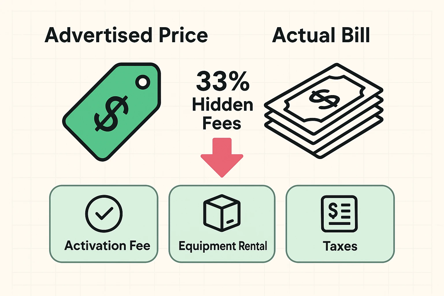 This image clearly contrasts the advertised internet cost with the typical real bill that includes hidden fees, helping seniors recognize why bills are higher than expected.