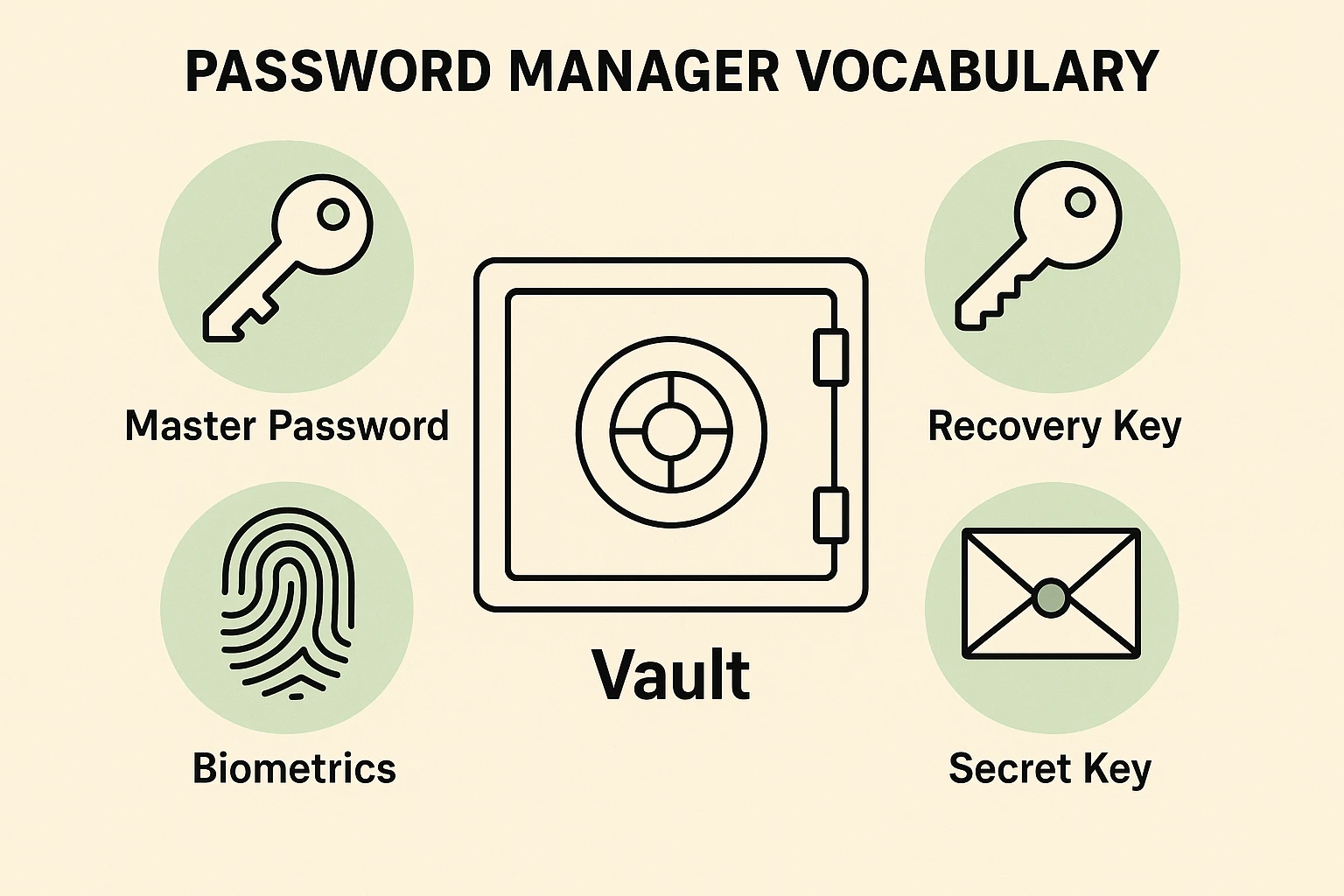 This visual explains essential password manager elements with clear icons and analogies, helping seniors grasp key terms like Vault and Master Password.