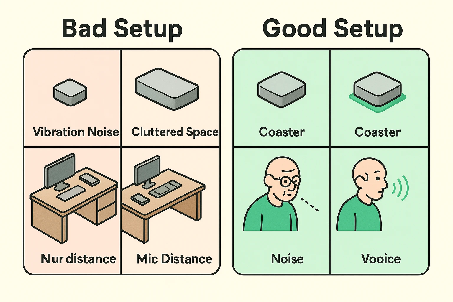 This comparison visually guides readers on improving room environment and device placement to enhance voice pickup for seniors.