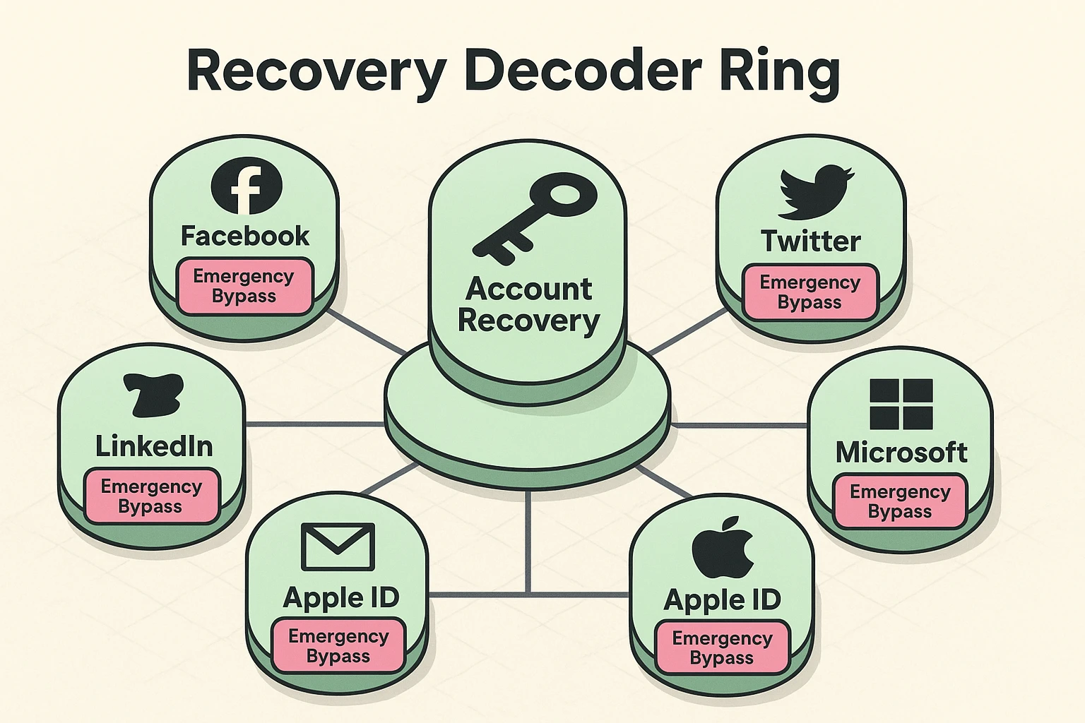 Depicts the 'Universal Recovery Decoder Ring,' a visual guide for seniors showing direct bypass links to recover hacked accounts across major services.