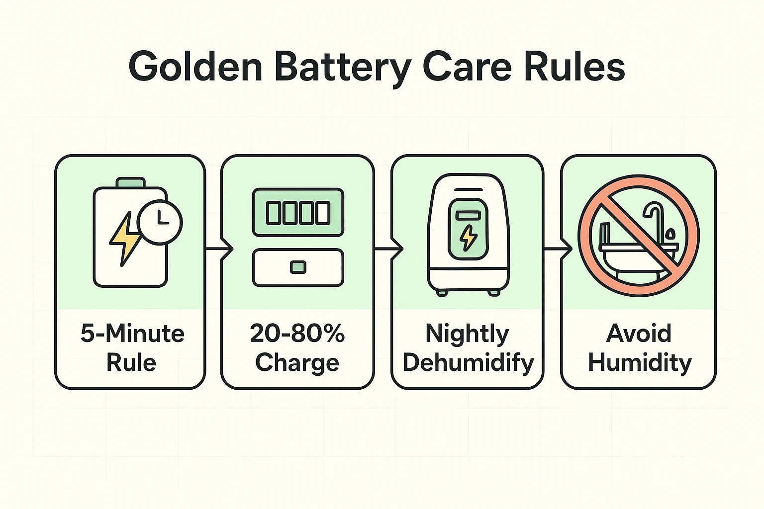 This image guides seniors through essential battery care routines including activation timing and storage tips to maximize wearable battery life.