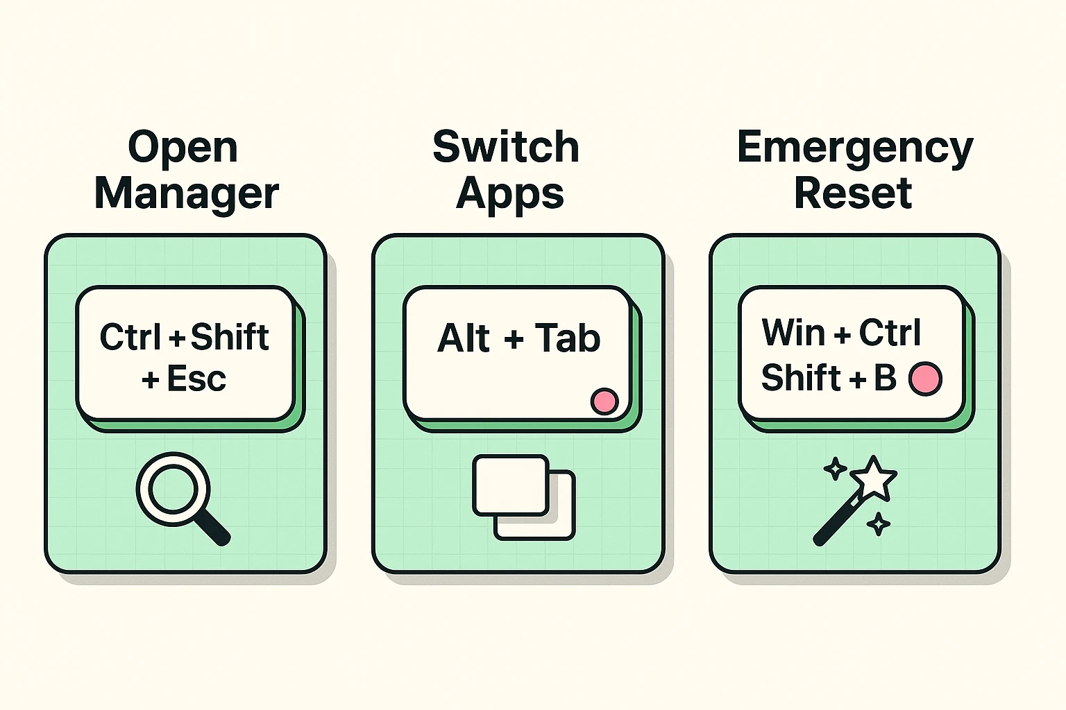 This visual introduces the essential keyboard shortcuts seniors can use as a first-aid kit to safely handle a frozen computer without fear.