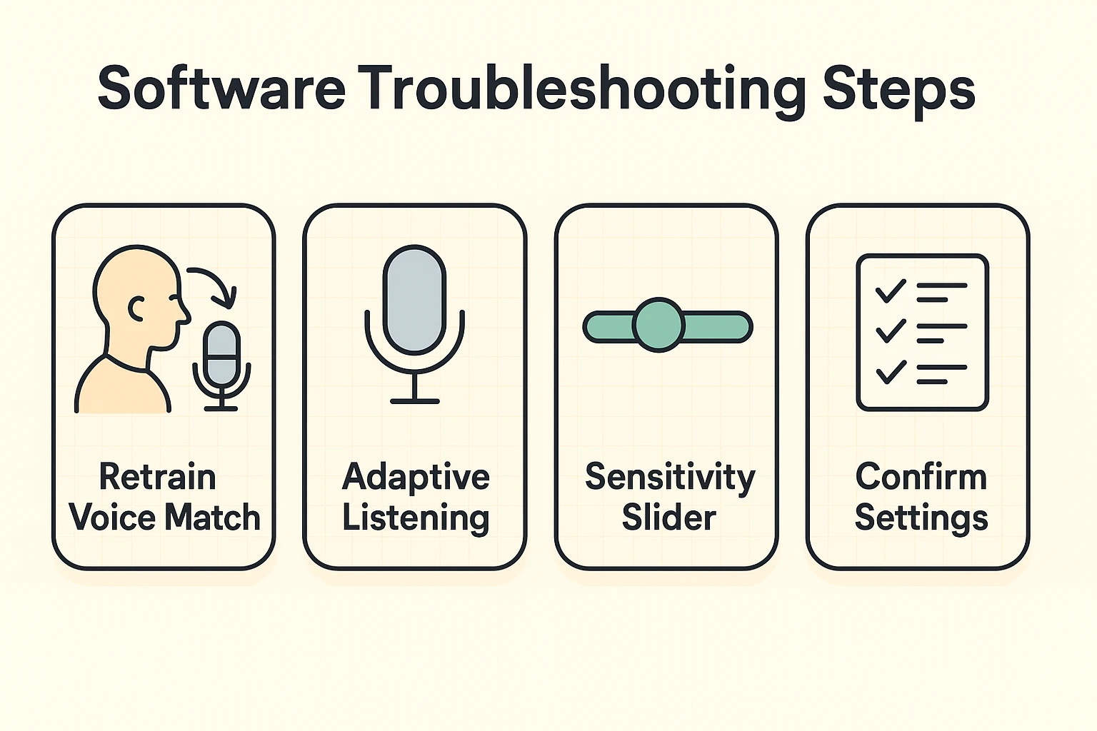 This step-by-step flow illustrates essential software settings adjustments seniors can perform to improve voice assistant recognition.