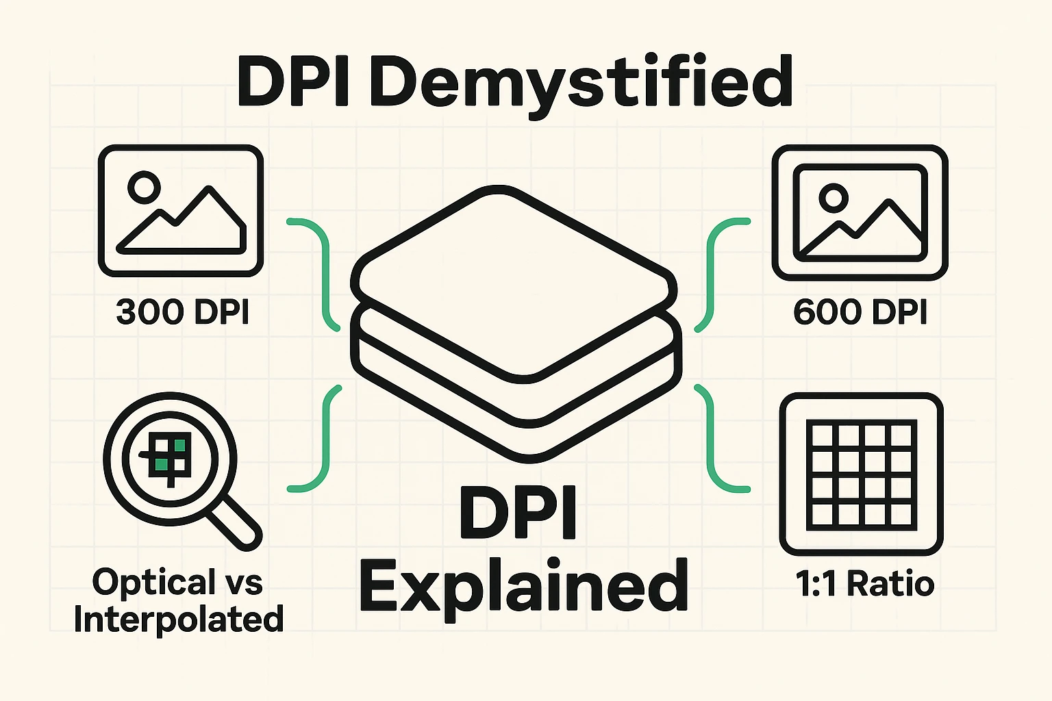 This image breaks down DPI basics, showing how resolution affects photo size and detail using clear visuals.