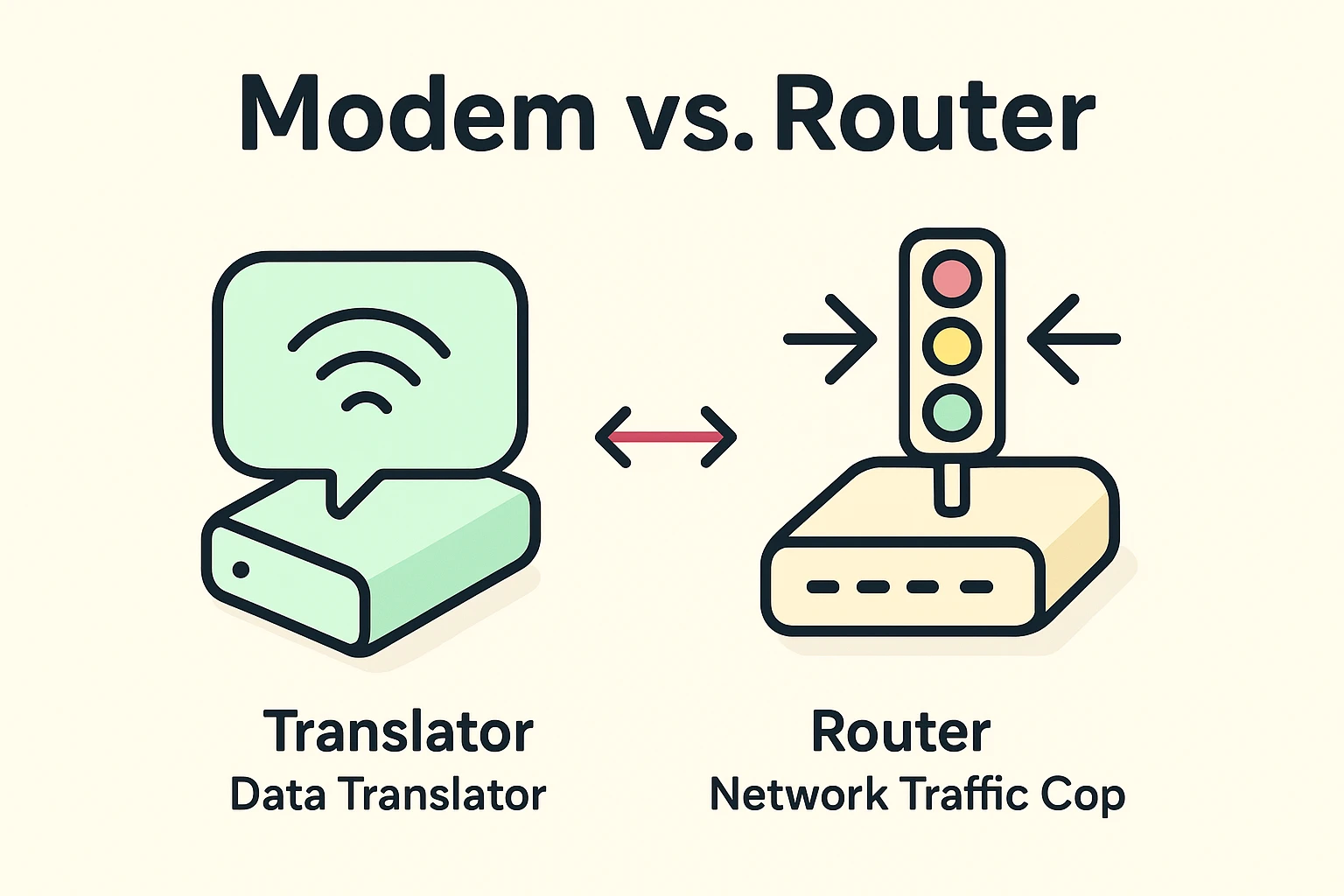 This image simplifies the roles of the modem and router using relatable metaphors, helping seniors understand how internet data is translated and directed in their home network.