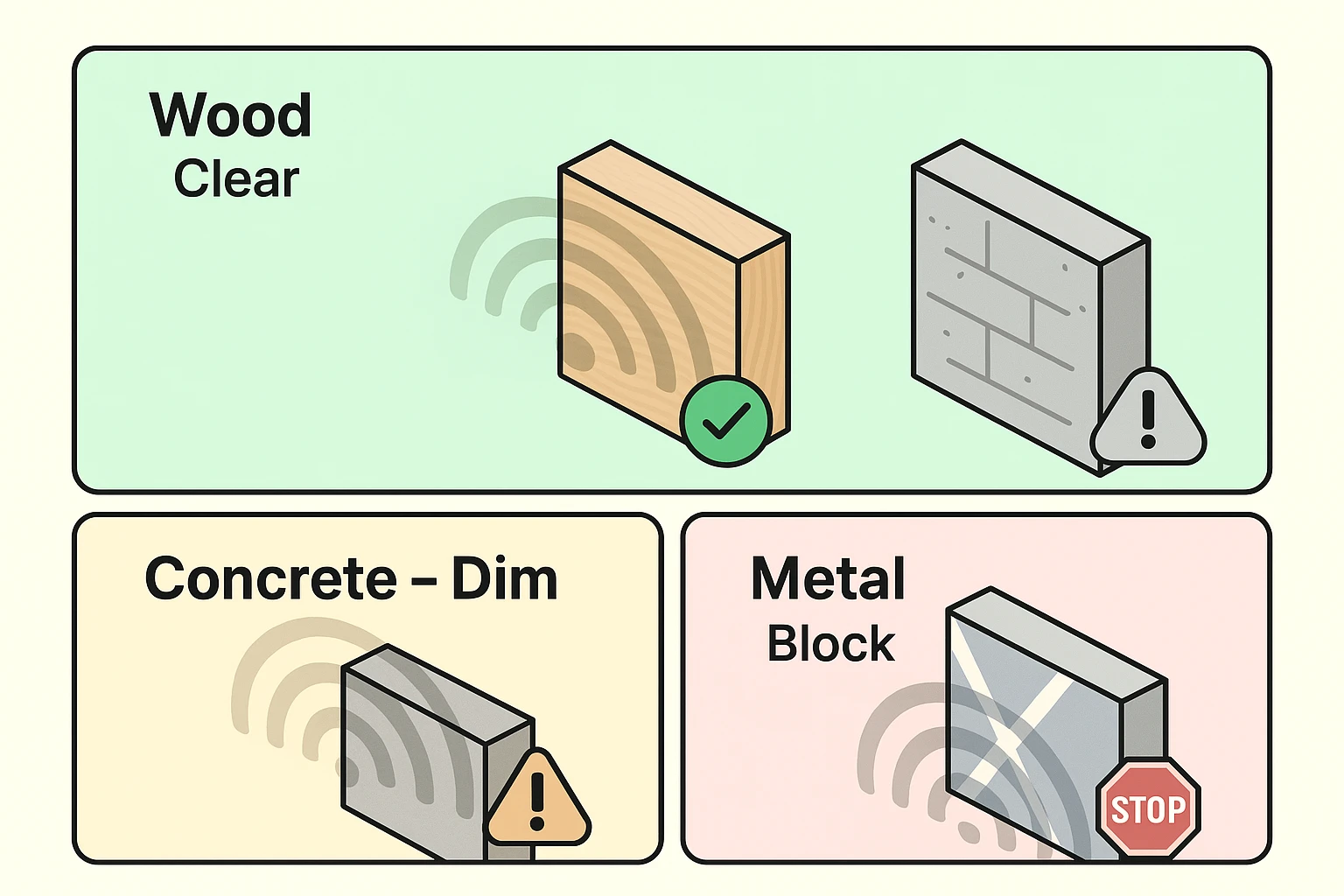 Explains how different materials attenuate Wi-Fi signals using an opacity scale from clear wood to reflective metal, helping readers identify signal blockers.