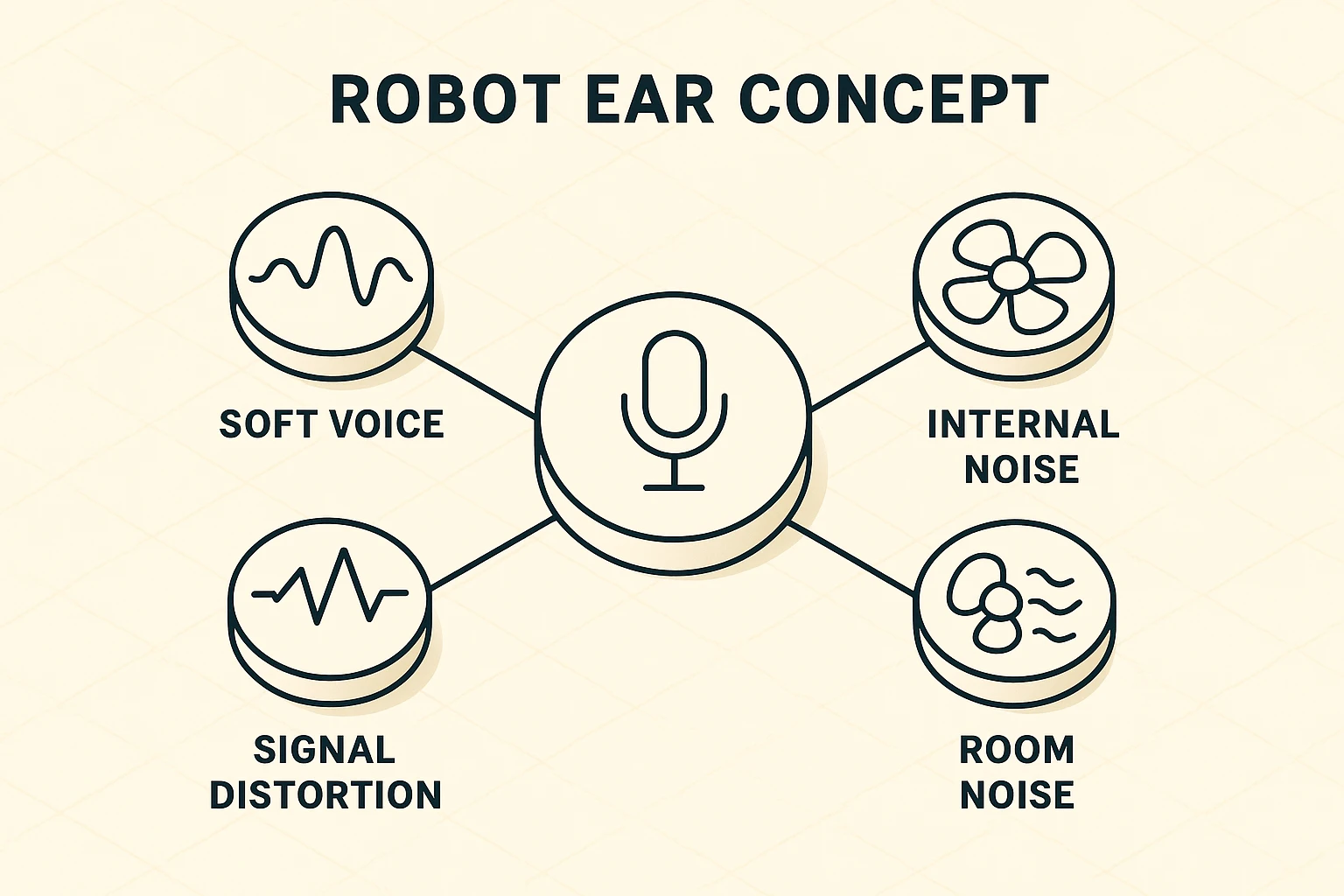 This illustration explains the Robot Ear analogy, highlighting key factors that cause voice assistants to mishear seniors, such as soft voices and background noise.